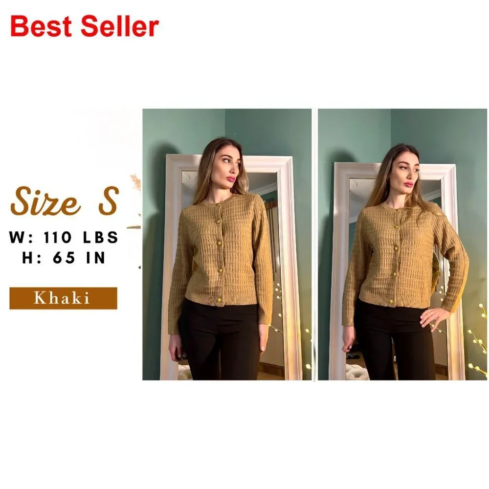 Cropped Cardigan Sweater Open Front Button Down Crew Neck Knit Jacket
